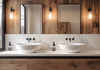 Fototapeta premium Modern bathroom design featuring a sleek washbasin, vanity sink, and a large mirror, creating a stylish and functional space for daily use.