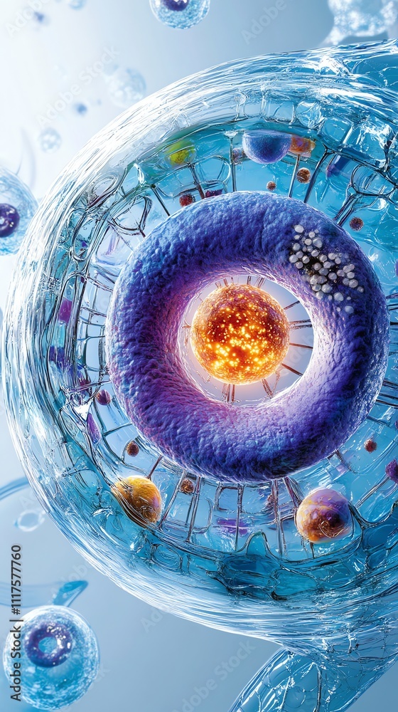Aufkleber Abstract representation of a cell with a vibrant nucleus and surrounding structures.