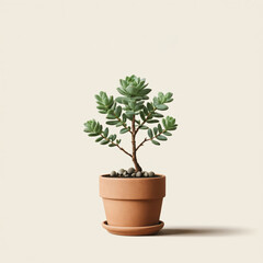 Obraz premium Succulent plant in terracotta pot on beige background