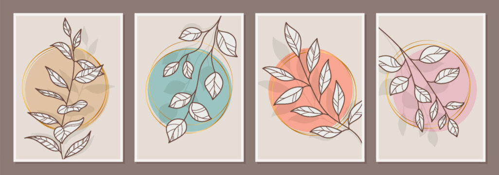 Wall Art Cards With Colorful Organic Shapes and Floral Silhouettes of Leaves. Trendy poster collection perfect for print, home decor, covers, wallpaper