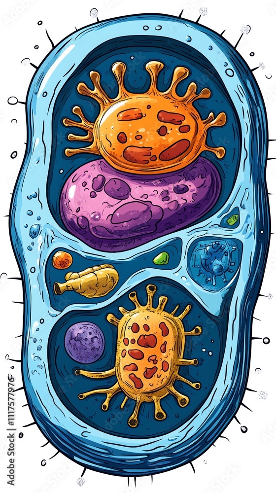 Poster a colorful illustration of a cell with various organelles and structures.