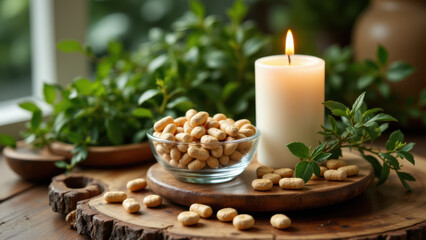 Fototapeta premium Image displays a collection of magnesium capsules next to a lit candle on a rustic wooden surface with dried herbs and flowers.