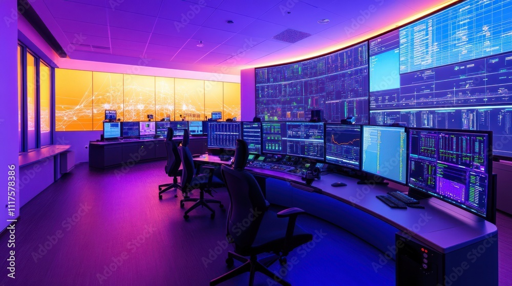 Poster Modern Network Control Center With Multiple Monitors