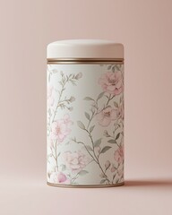 A minimalistic cylindrical tea container, decorated with light floral pattern in muted tones