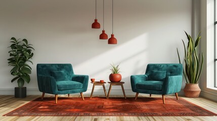 Trendy living room with teal armchairs, rust rug, and minimalistic design elements