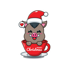 Cute boar wearing Santa Claus hat in cup. Cartoon vector illustration in Christmas day.