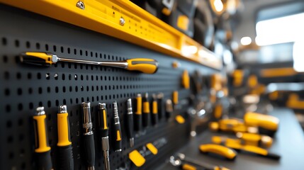 A wallmounted magnetic tool holder with shiny, organized tools