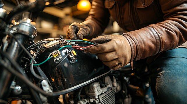 Mechanic repairing motorcycle electrical wiring system