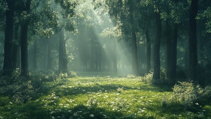 Fototapeta premium Enchanting Sunlight Filtering Through Forest Canopy Illuminating Lush Greenery and Wildflowers in a Serene Tranquil Nature Scene