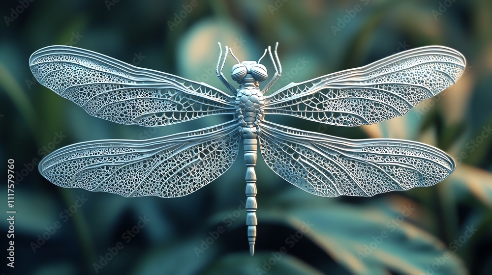 Aufkleber A detailed 3D rendering of a dragonfly with intricate wings against a blurred background.