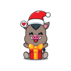 Cute boar is happy to receive a Christmas gift. Cute christmas cartoon illustration.