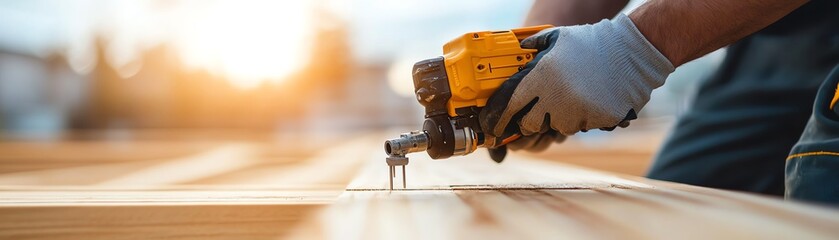 An industrial nail gun being used to fasten a wooden frame