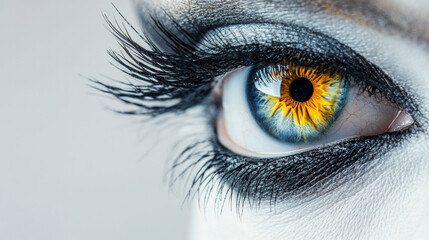 Close-up of a vibrant blue and amber eye with long eyelashes and dramatic makeup, highlighting the intricate iris details.