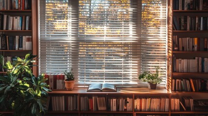 Sunlit Bookshelves With Open Book And Plants