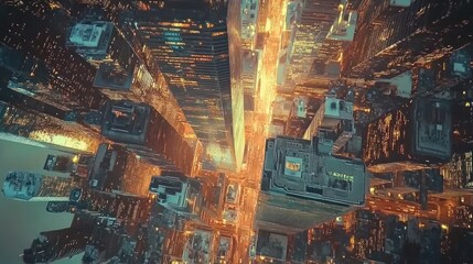 Aerial Night View of Cityscape Illuminating Skyscrapers