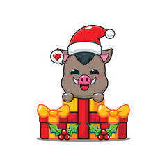 Cute boar happy with christmas gift. Cartoon vector illustration in Christmas day.