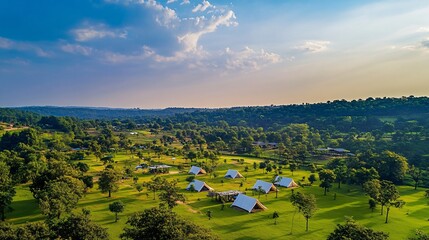 Camping site in the city with tents set up on a green lawn, offering a peaceful outdoor escape amidst urban life, ideal for nature lovers.