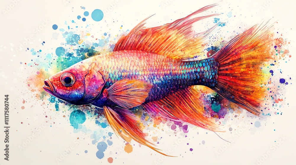 Poster a vibrant, artistic depiction of a fish with colorful splashes in the background.