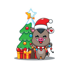 Cute boar with christmas lamp. Cartoon vector illustration in Christmas day.