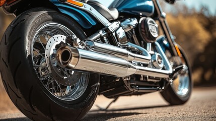 Fototapeta premium Chrome Exhaust Pipes On A Blue Motorcycle