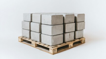 Cement blocks in uniform arrangement on a sturdy wooden pallet, isolated on a clean white backdrop.