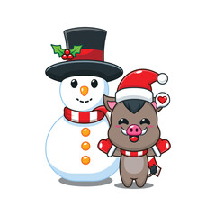 Cute boar playing with Snowman. Cartoon vector illustration in Christmas day.