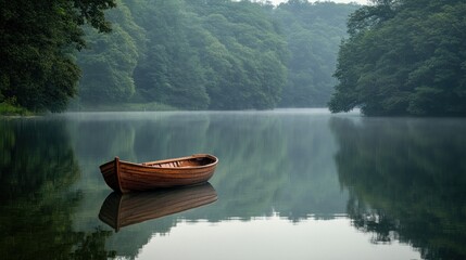 Wooden Rowboat on Serene Misty Lake Surrounded by Trees