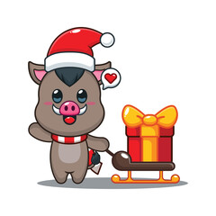 Cute boar carrying christmas gift box. Cartoon vector illustration in Christmas day.