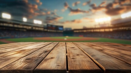 Obraz premium Close-up of rustic wooden table with a faint and blurred baseball stadium background under evening lights.