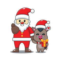 Cute boar with santa claus. Cartoon vector illustration in Christmas day.