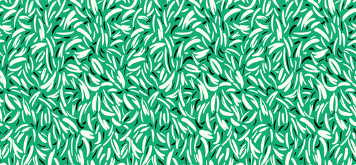 Hand drawn abstract spotted seamless pattern. Green vector background with  layered dots, shapes, tiny drops, small spots, circles, snowflakes.