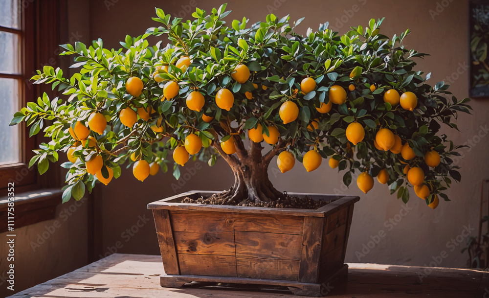 Poster Small tree with many lemons on it. The tree is in a wooden box. The box is on a table