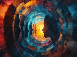 Design a mesmerizing image with tilted angle view showing silhouettes in a circle filled with mental health textures