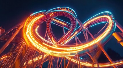 Creative long-exposure shot showcasing the glowing arcs of rollercoaster lights at night.