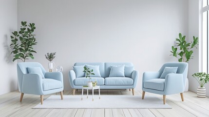 Trendy living room with soft blue armchairs, crisp white rug, and minimalistic design elements
