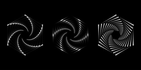 Set of white dotted hexagonal shapes. Geometric art. Trendy design element for frame, logo, tattoo, sign, symbol, web, social media, prints, posters, template, pattern and abstract background