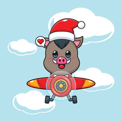 Cute boar wearing santa hat fly with plane. CCartoon vector illustration in Christmas day.