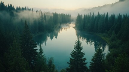Fototapeta premium Misty River Reflecting Foggy Forest Landscape