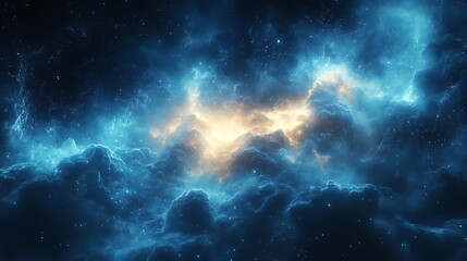 Abstract explosion of particles with intense blue highlights futuristic background