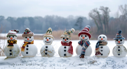 Obraz premium A captivating portrayal of six plastic snowmen lined up in a snowy landscape, each wearing unique winter hats and scarves,