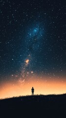 Fototapeta premium A silhouette of a person gazes at a starry night sky, with vibrant colors blending from dark blue to orange, creating a serene and contemplative atmosphere.