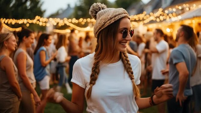 A happy laughing young woman at an evening outdoor party