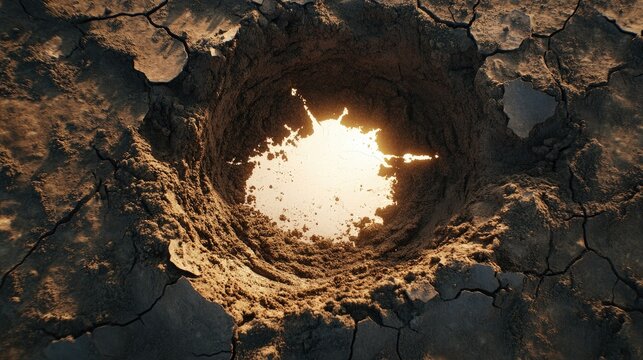Dry, fragmented earth is split apart by a radiant white hole piercing the hardened mud.