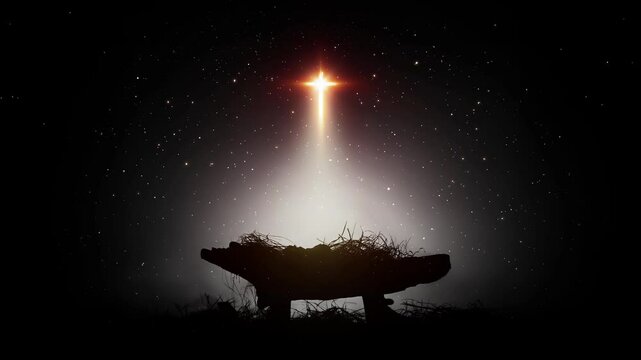 A bright, large star illuminates the baby Jesus in the manger, a snowy Christmas background, hinting at the birth of Jesus and his death on the cross
