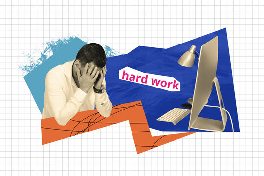 3d sketch poster trend collage image of sad businessman hold head migraine sit workplace load lamp pc monitor pressure job hard work