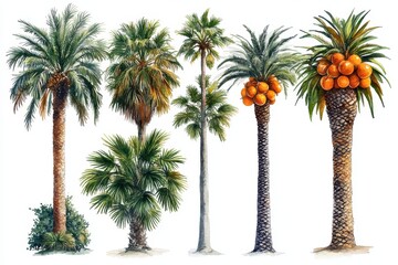 A collection of five palm trees, showcasing different types and one with oranges.