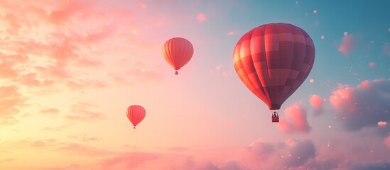 Fototapeta premium Hot air balloons soaring through a colorful sky at sunset.