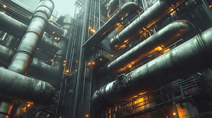 Nighttime urban factory industrial piping system in digital art