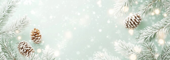 Winter-themed background with pine cones and snowflakes
