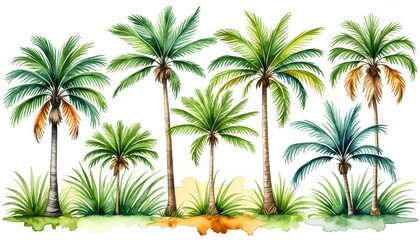 Vibrant watercolor palm trees in tropical landscape